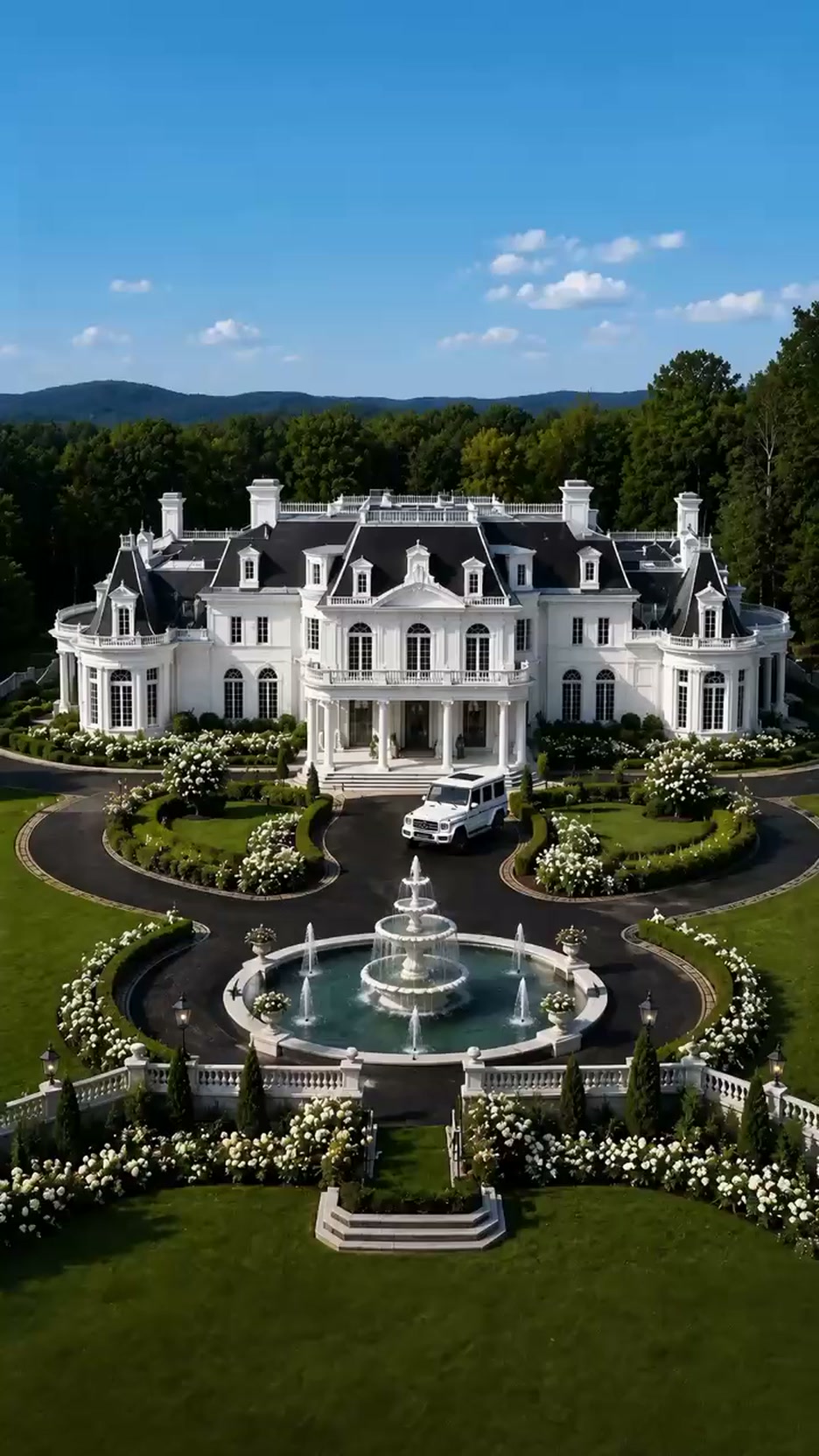 Standbild aus einem KI-Werbevideo von SP KI Media: Villa mit Auffahrt und Springbrunnen