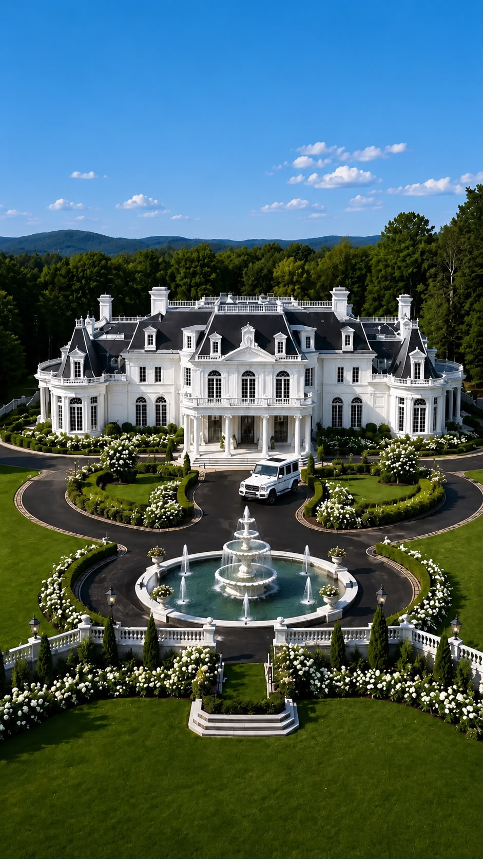 Standbild aus einem KI-Werbevideo von SP KI Media: Villa mit Auffahrt und Springbrunnen